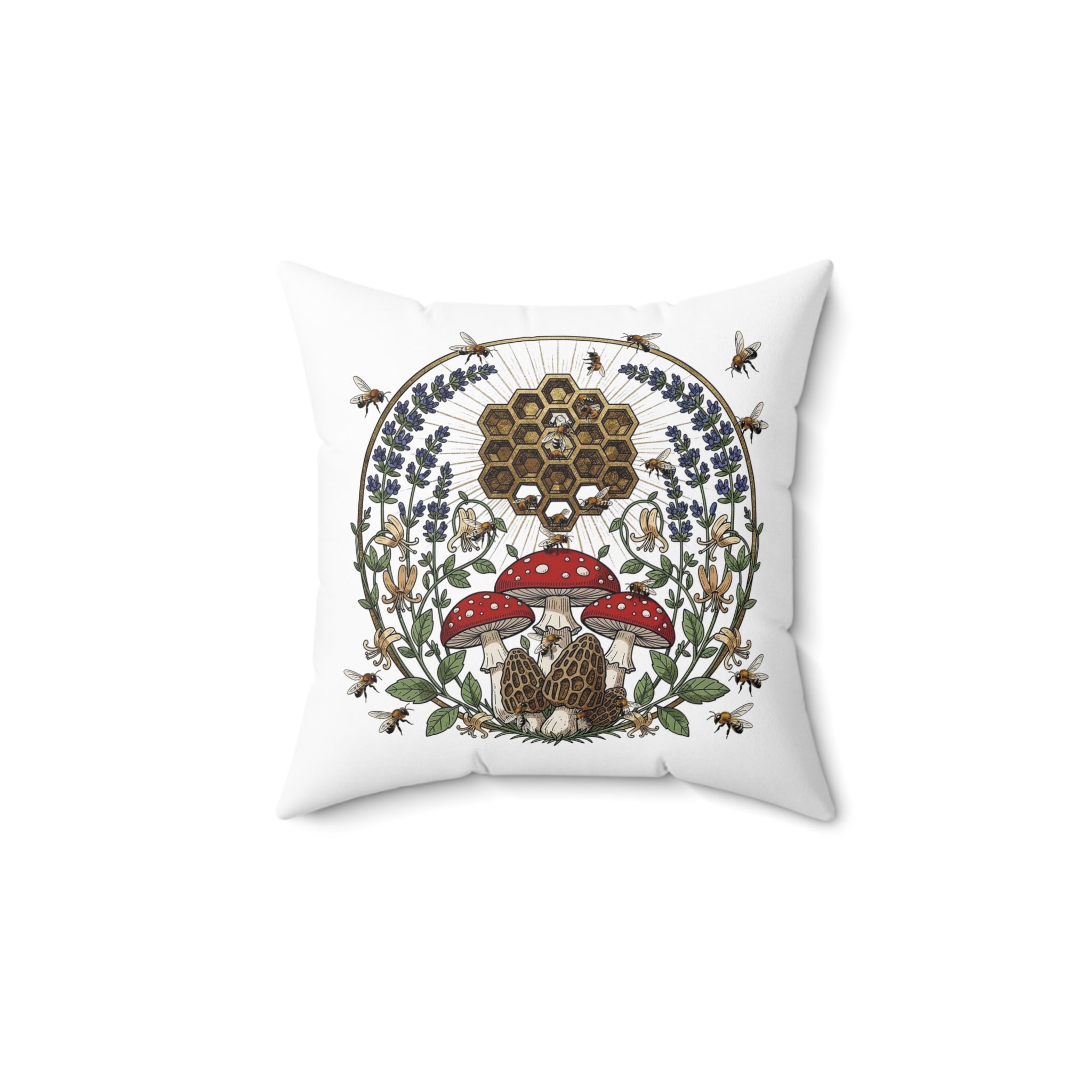 Bee & Mushroom Decorative Pillow — Honeycomb Floral Square Cushion