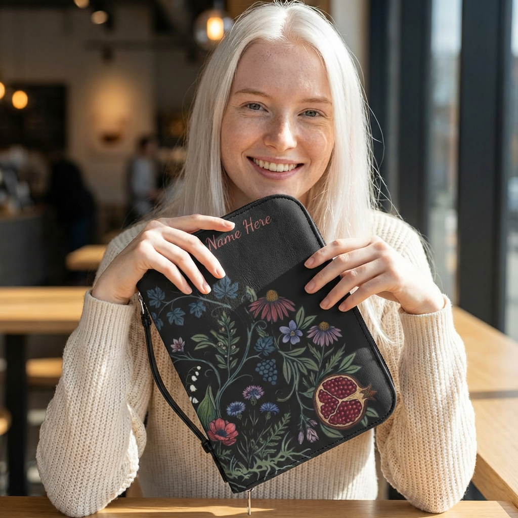 Floral Pomegranate Bible Cover — Personalized Zippered Bible Case with Space for Name or Verse