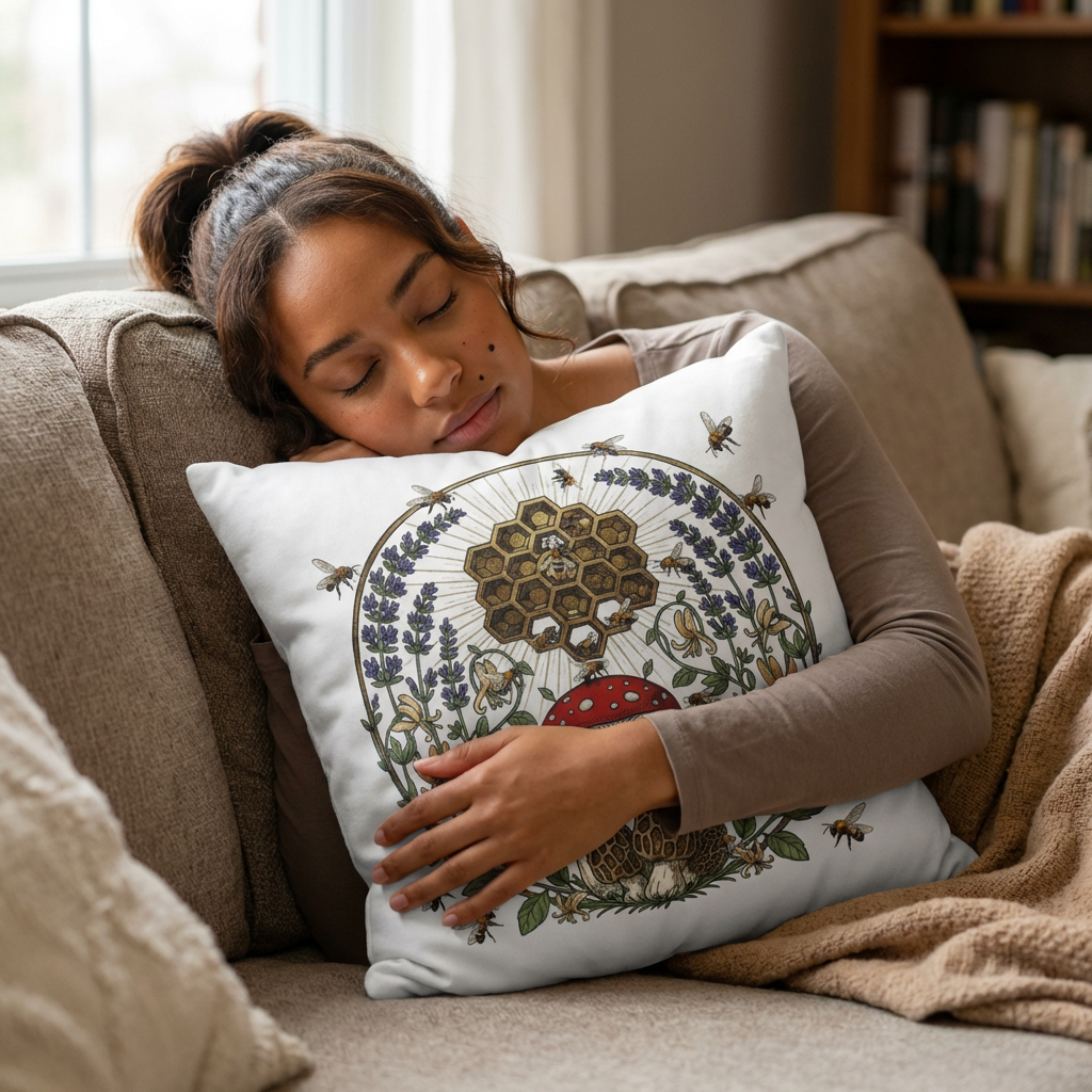Bee & Mushroom Decorative Pillow — Honeycomb Floral Square Cushion